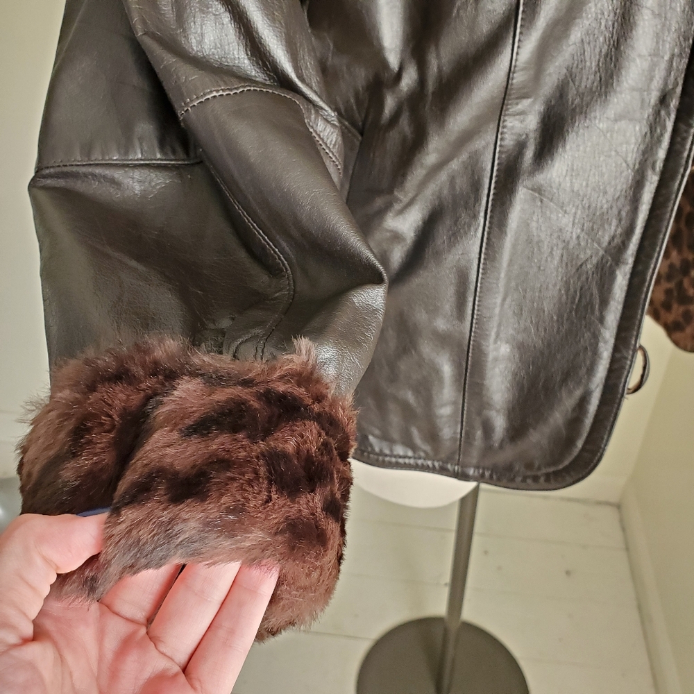 80s 90s Vintage Fully Reversible Leather & Brown Leopard Faux Fur Jacket - Picture 4 of 10
